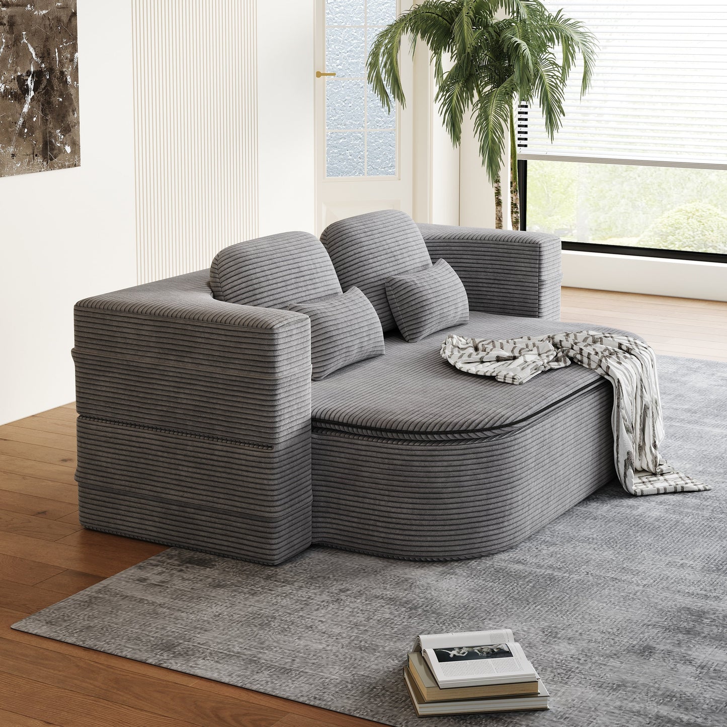GDFStudio - Lysander Corduroy Foldable Sleeper Sofa Bed with Multi Functional Blanket