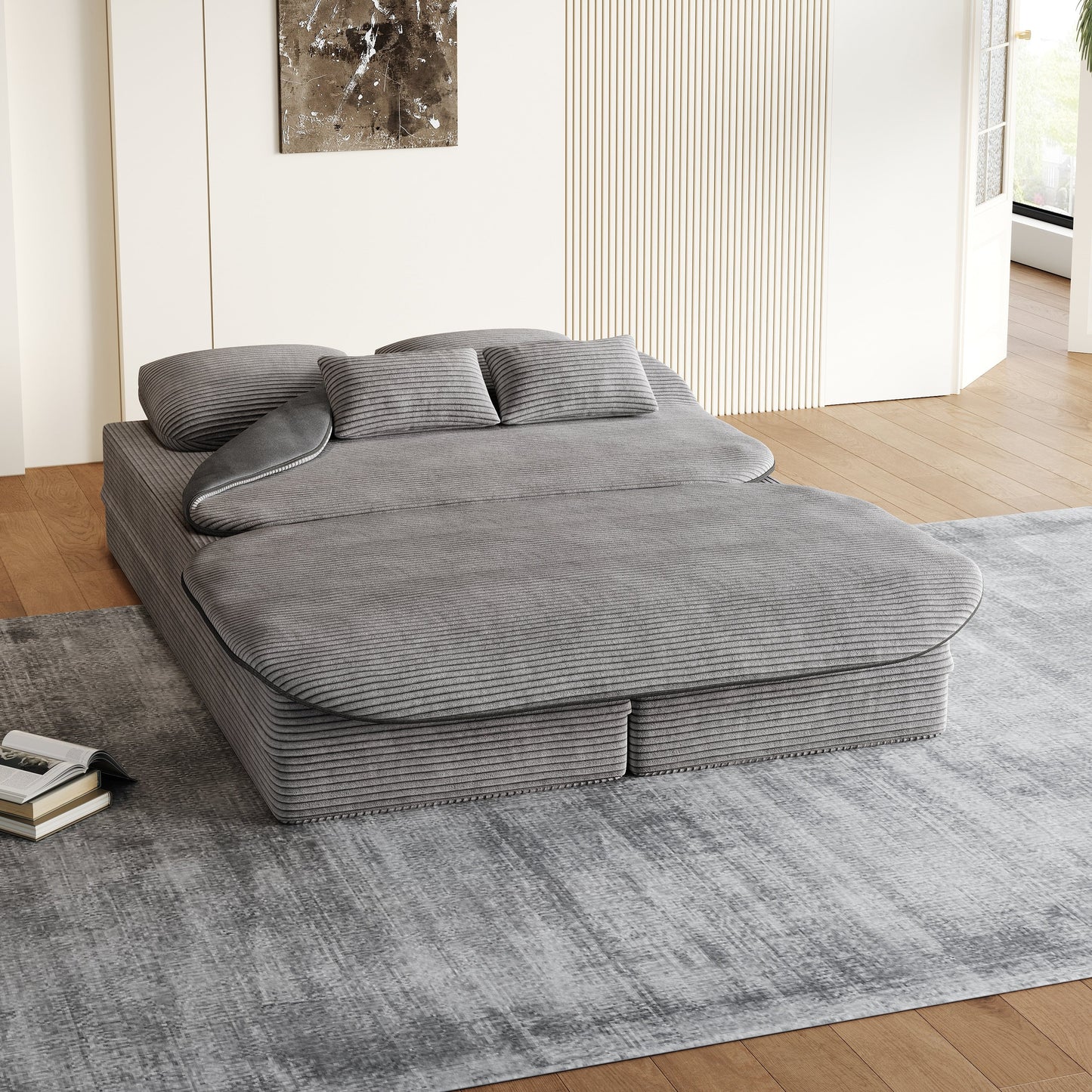 GDFStudio - Lysander Corduroy Foldable Sleeper Sofa Bed with Multi Functional Blanket