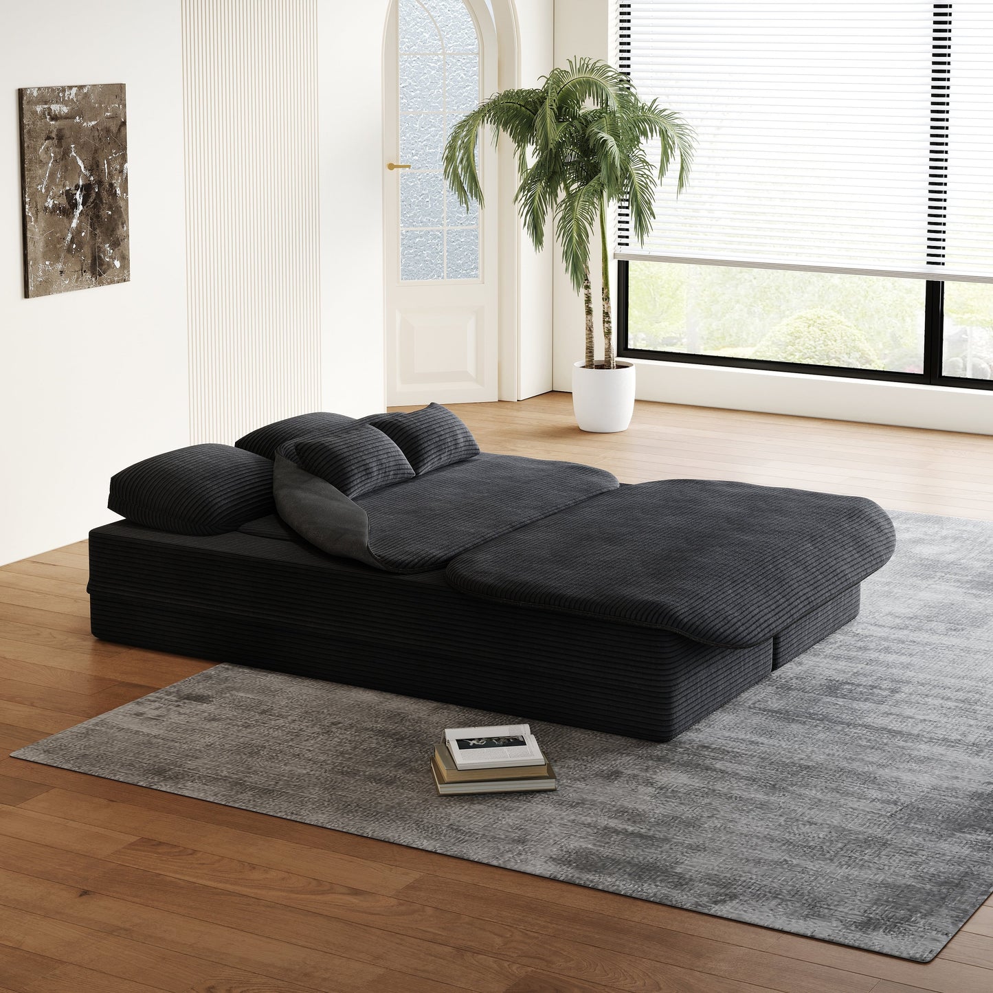 GDFStudio - Lysander Corduroy Foldable Sleeper Sofa Bed with Multi Functional Blanket