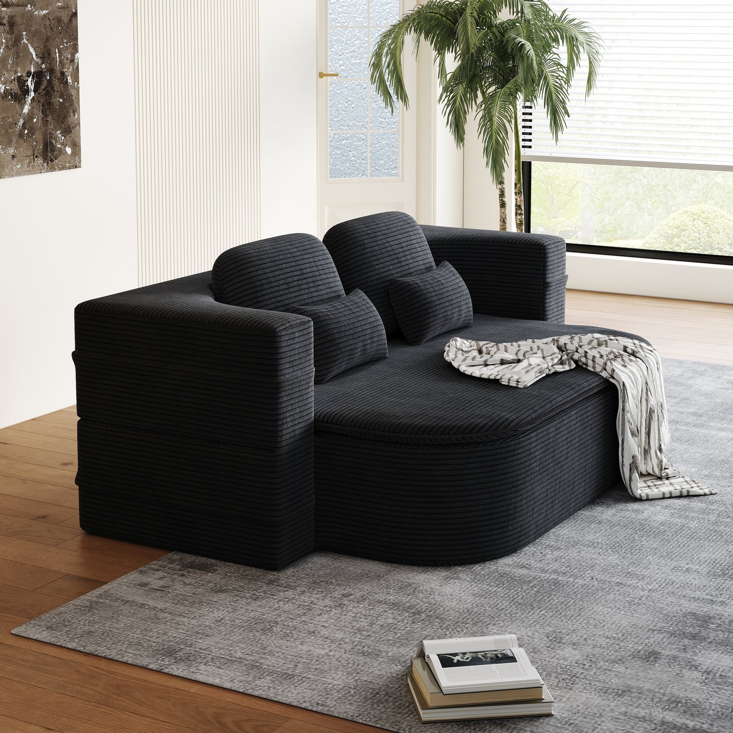 GDFStudio - Lysander Corduroy Foldable Sleeper Sofa Bed with Multi Functional Blanket