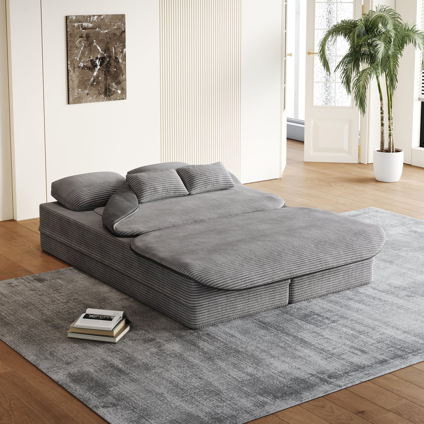 GDFStudio - Lysander Corduroy Foldable Sleeper Sofa Bed with Multi Functional Blanket