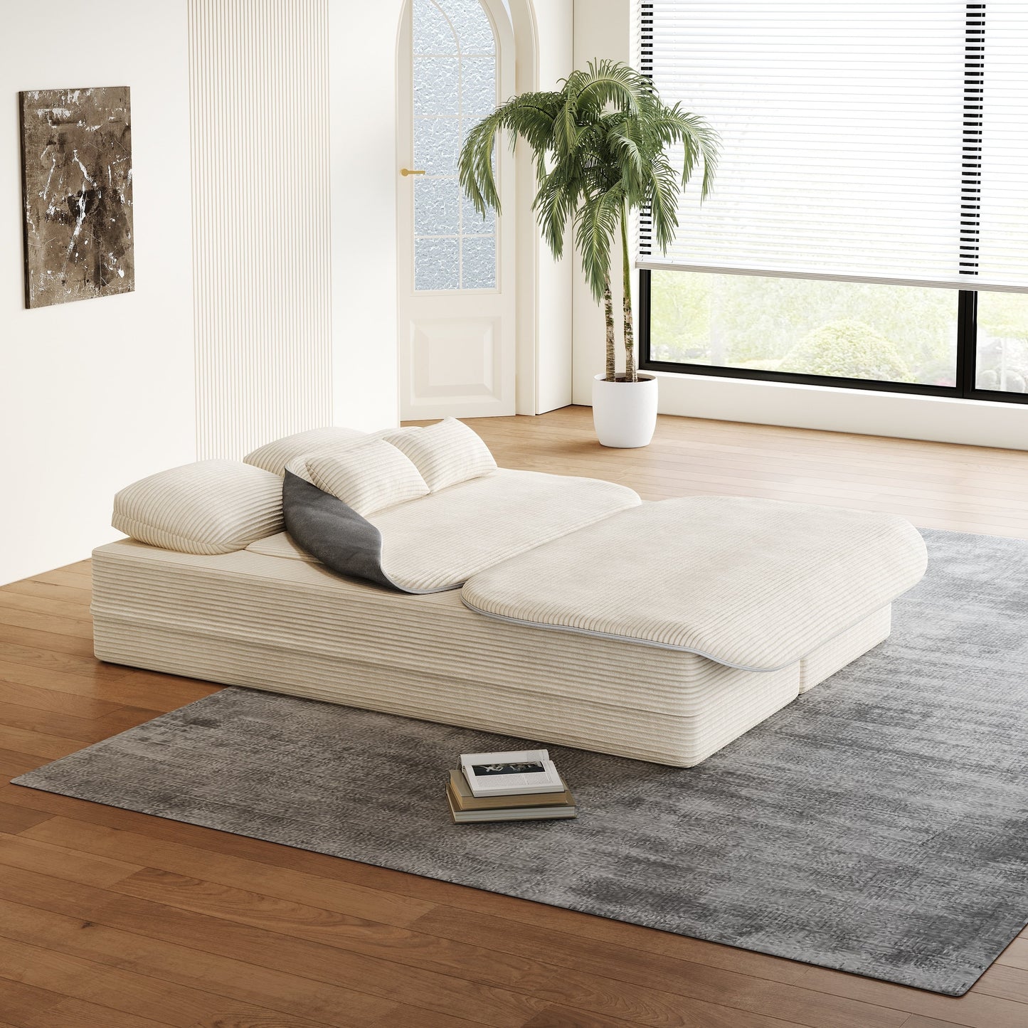 GDFStudio - Lysander Corduroy Foldable Sleeper Sofa Bed with Multi Functional Blanket