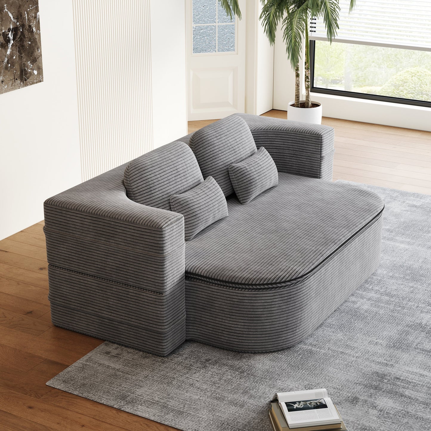 GDFStudio - Lysander Corduroy Foldable Sleeper Sofa Bed with Multi Functional Blanket