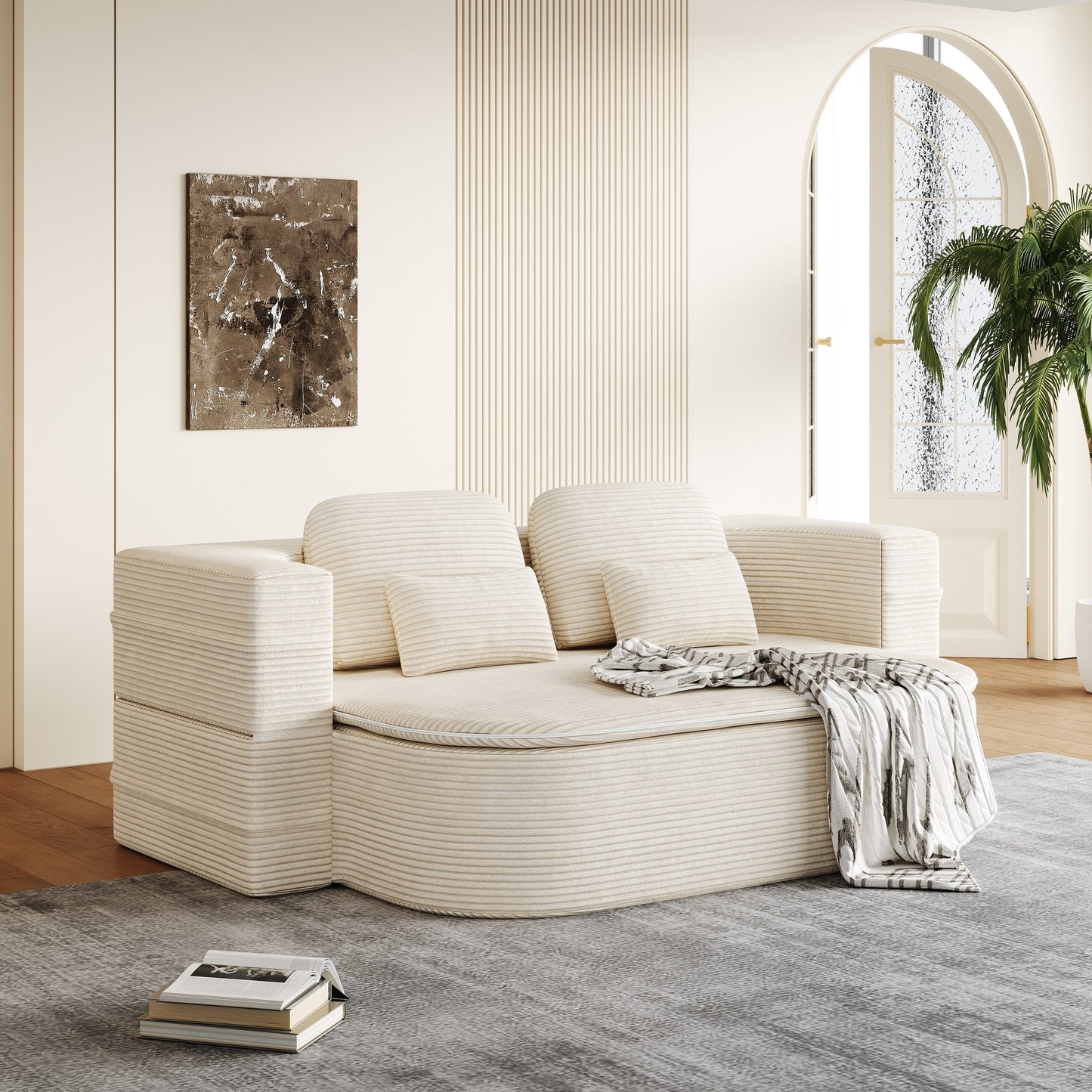 GDFStudio - Lysander Corduroy Foldable Sleeper Sofa Bed with Multi Functional Blanket