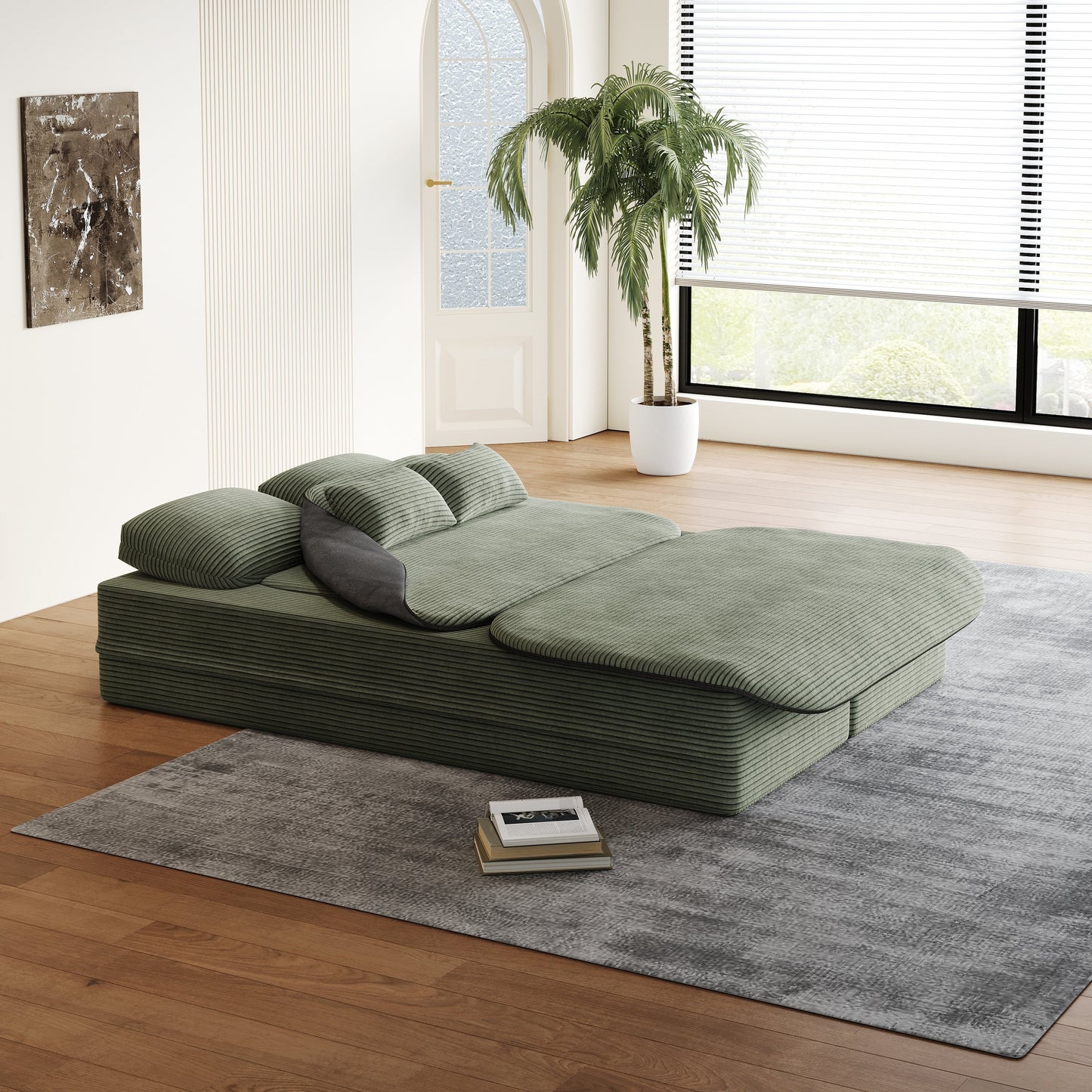 GDFStudio - Lysander Corduroy Foldable Sleeper Sofa Bed with Multi Functional Blanket