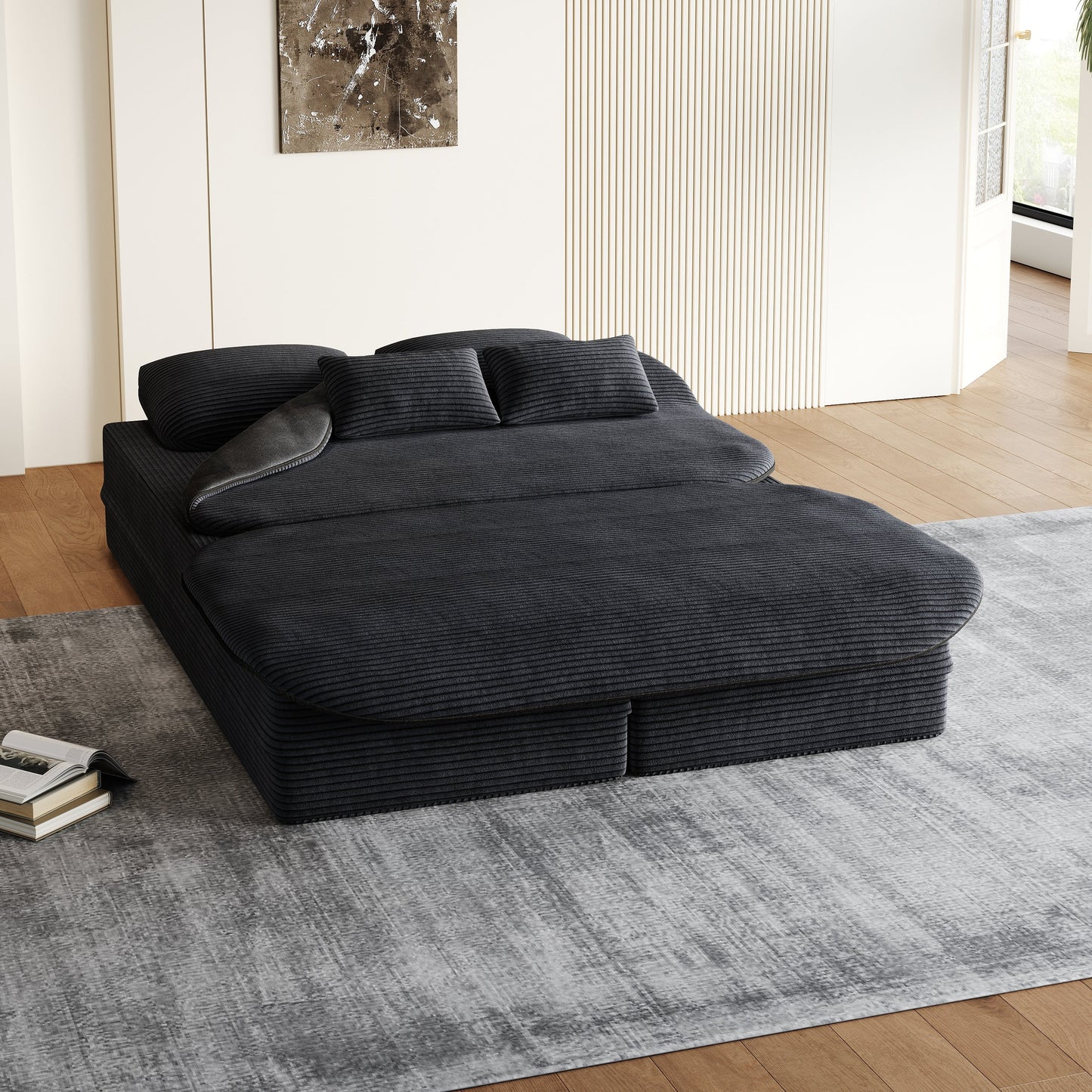 GDFStudio - Lysander Corduroy Foldable Sleeper Sofa Bed with Multi Functional Blanket