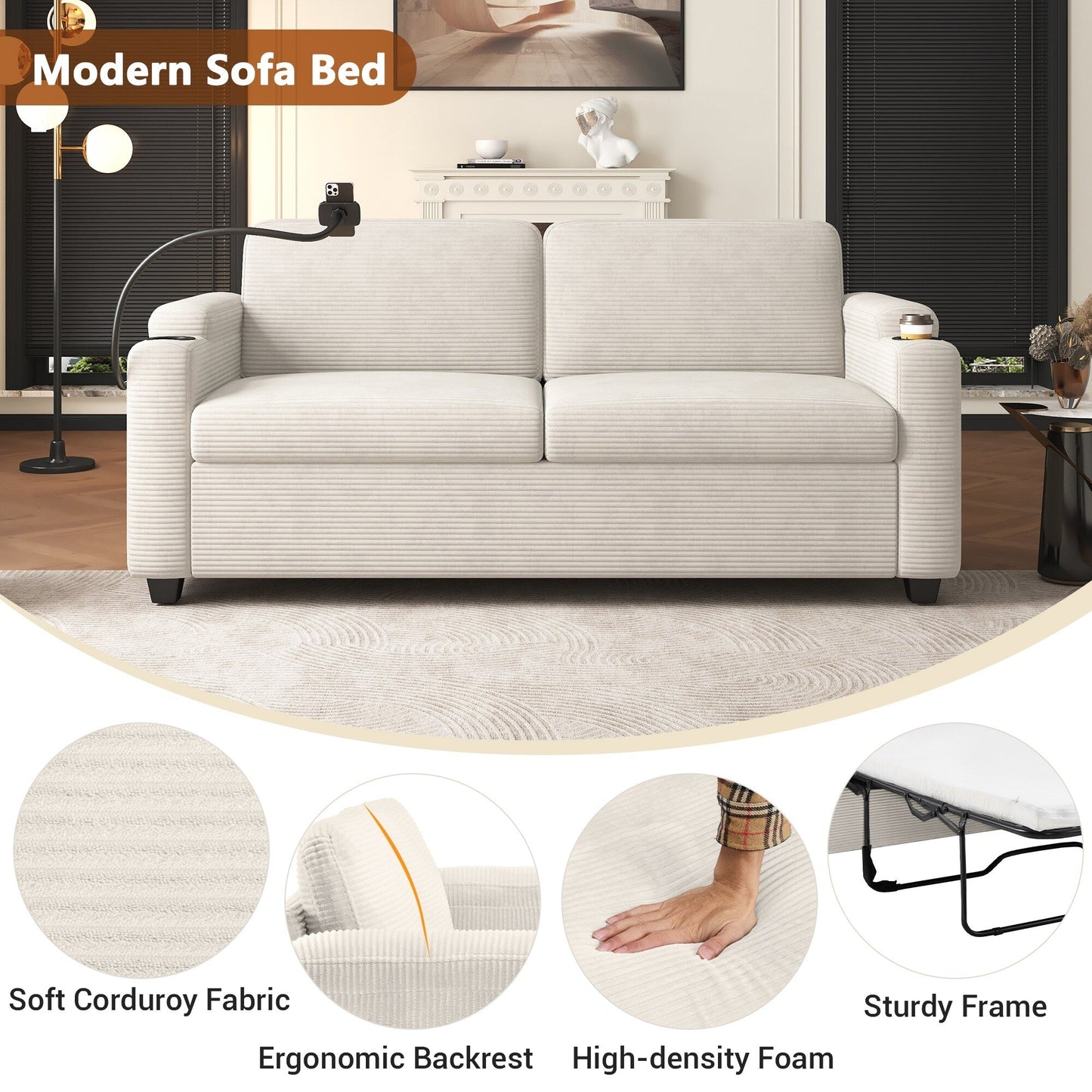 GDFStudio Emily Multifunctional Convertible Corduroy Sleeper Sofa for Small Spaces