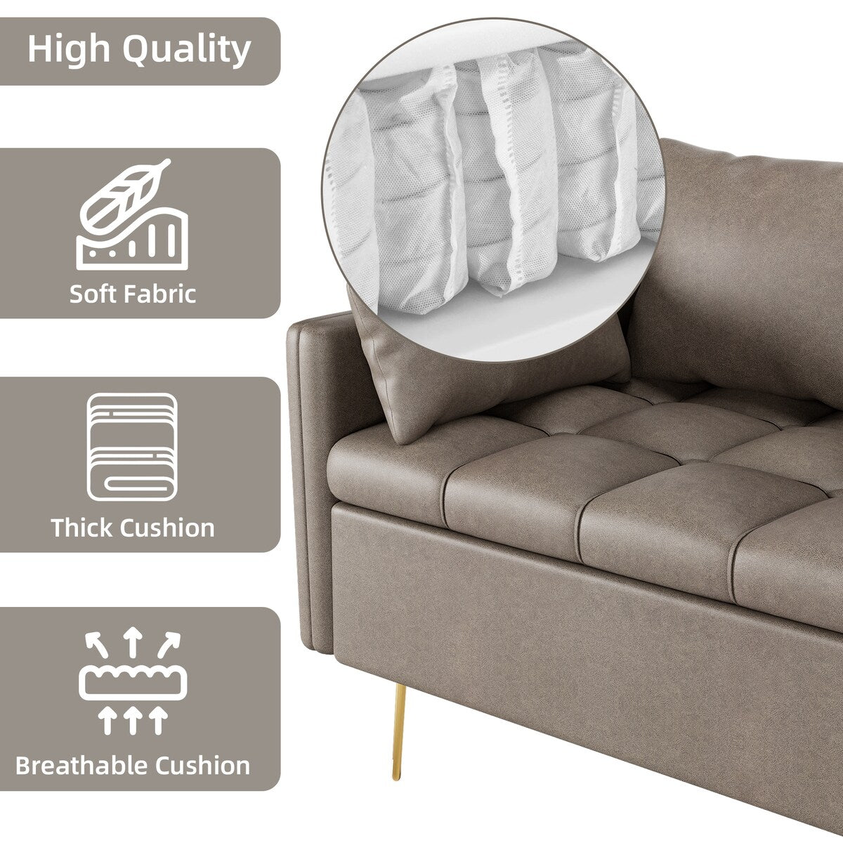 GIMMYFIVE 3-Seater Leather Sofa with Cushion, Couch for Living Room