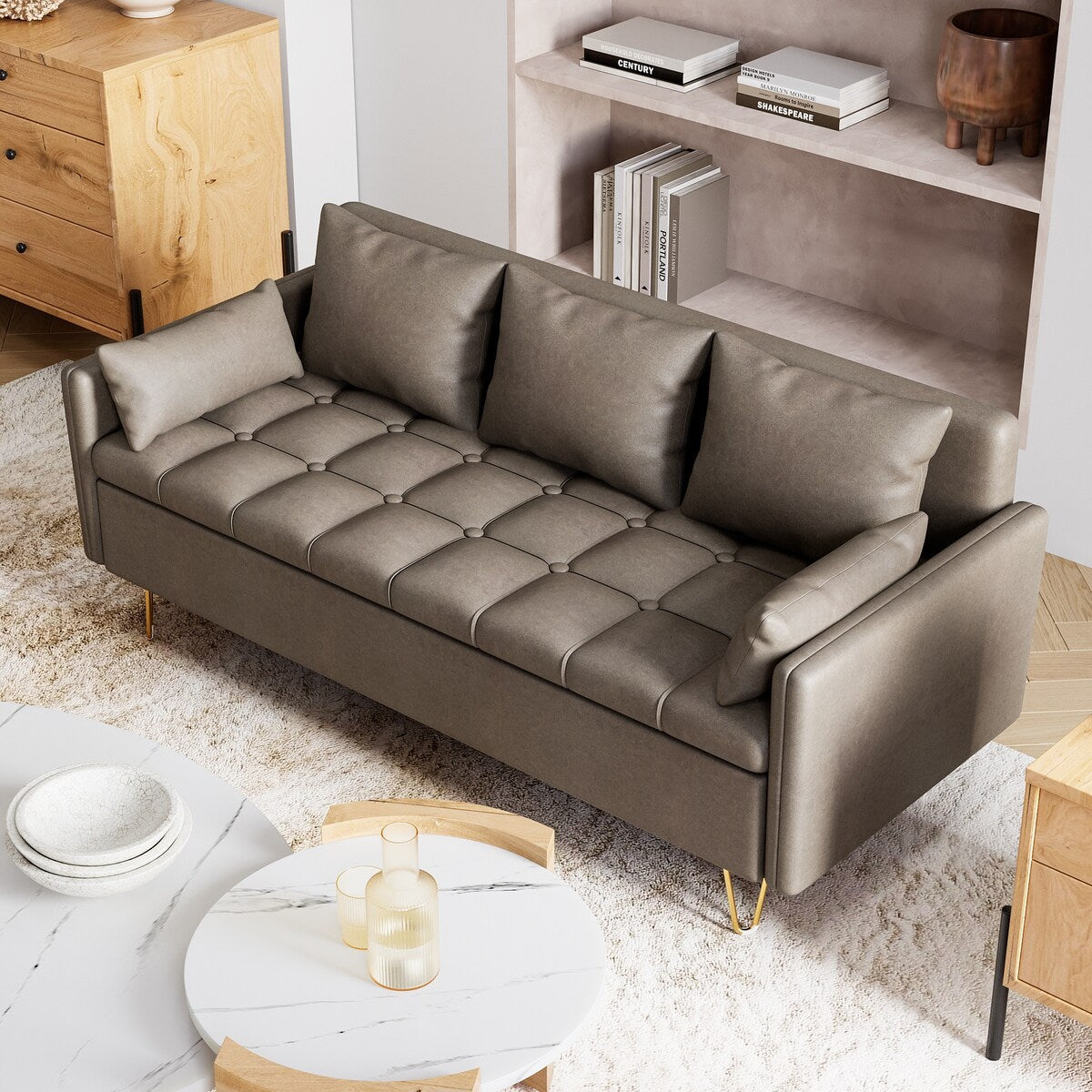 GIMMYFIVE 3-Seater Leather Sofa with Cushion, Couch for Living Room