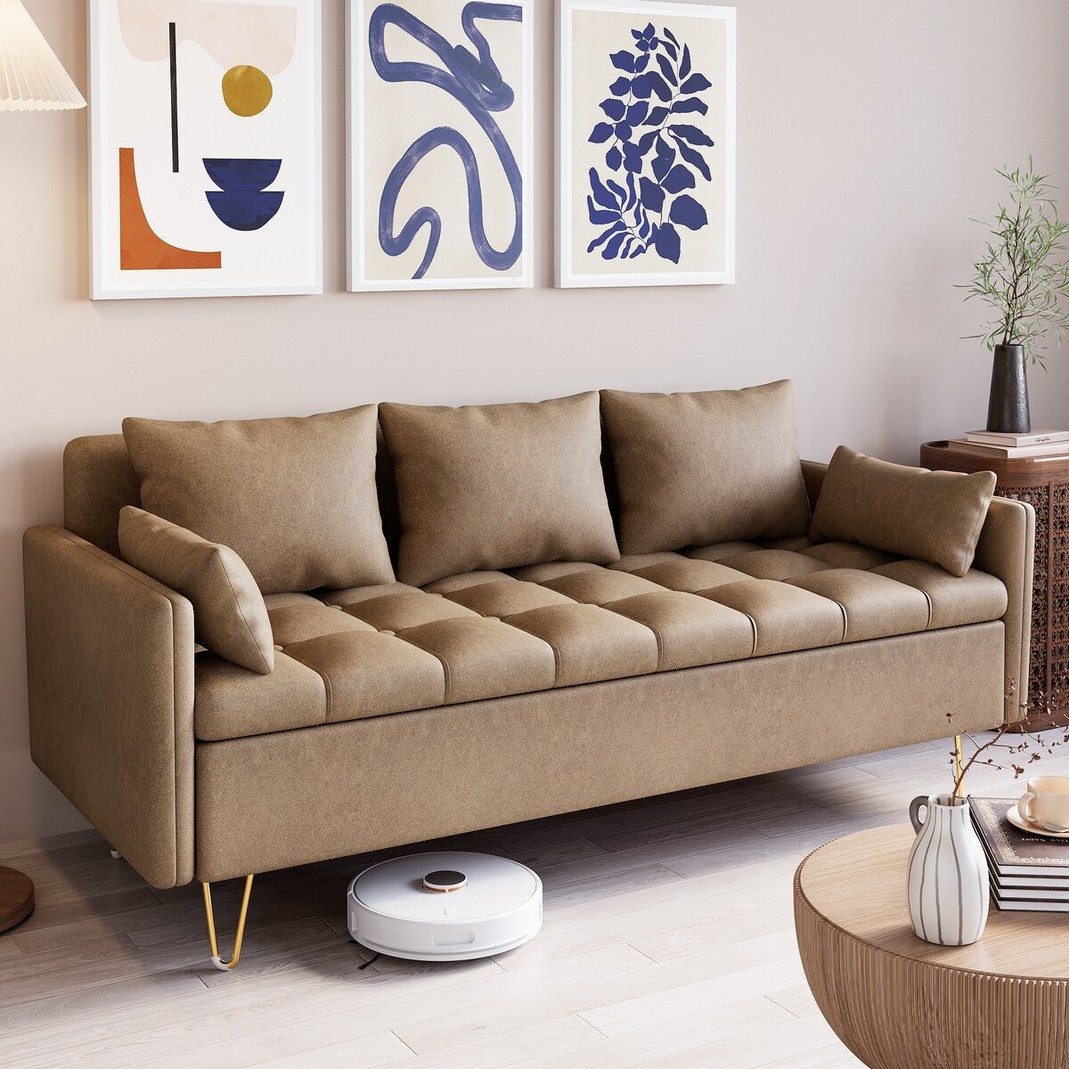 GIMMYFIVE 3-Seater Leather Sofa with Cushion, Couch for Living Room