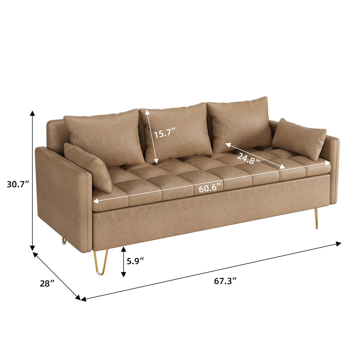 GIMMYFIVE 3-Seater Leather Sofa with Cushion, Couch for Living Room