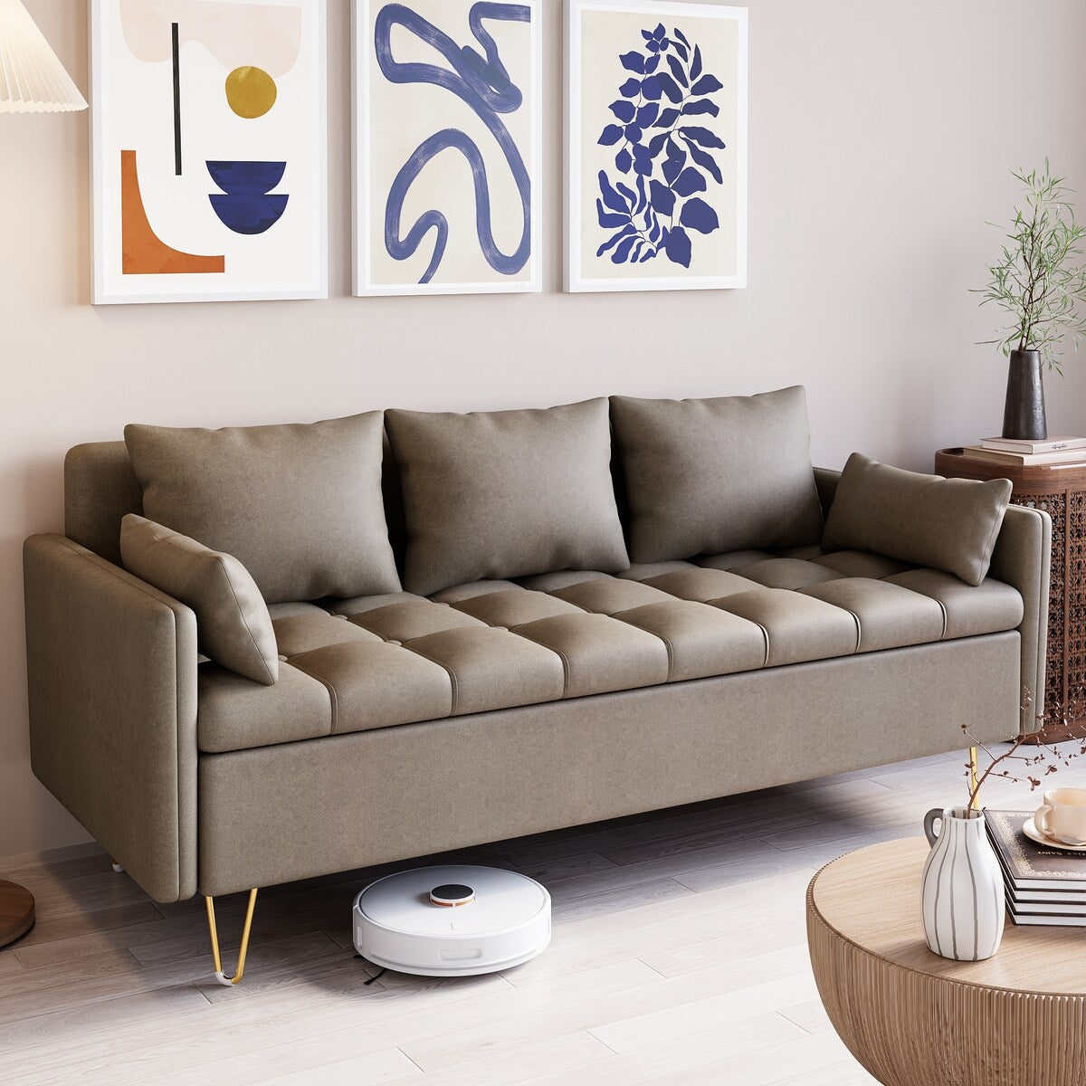 GIMMYFIVE 3-Seater Leather Sofa with Cushion, Couch for Living Room