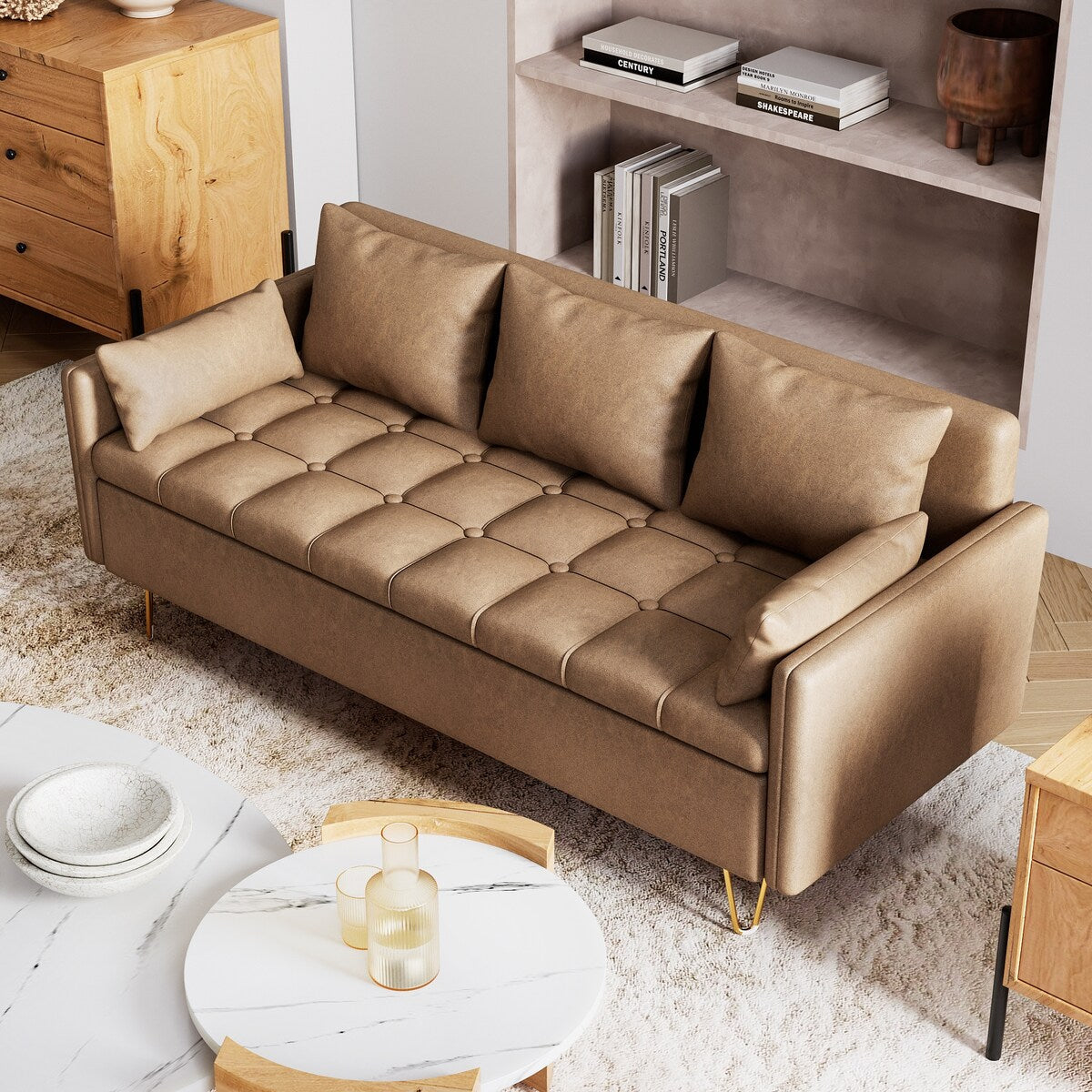 GIMMYFIVE 3-Seater Leather Sofa with Cushion, Couch for Living Room