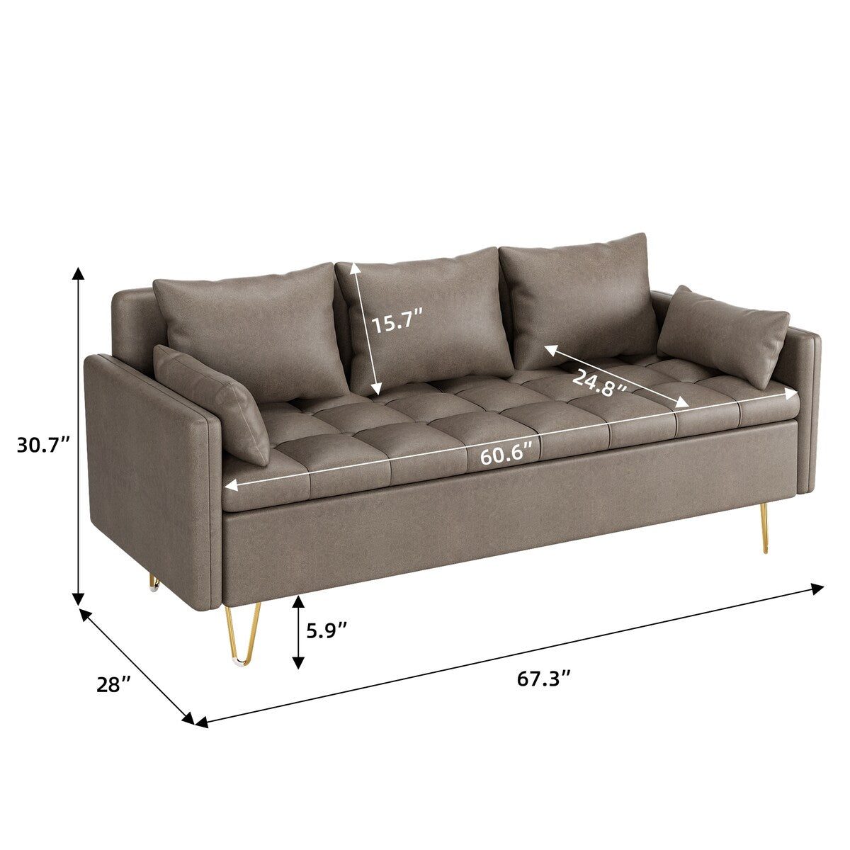 GIMMYFIVE 3-Seater Leather Sofa with Cushion, Couch for Living Room
