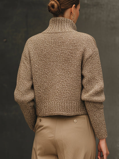 Taupe Marled Knit High Collar Buttoned Cardigan