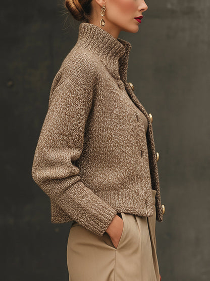 Taupe Marled Knit High Collar Buttoned Cardigan