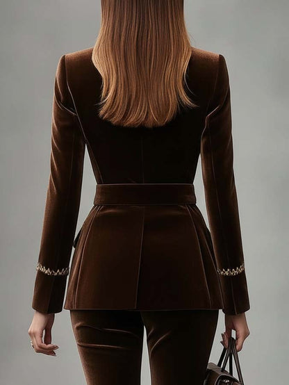 Brown Velvet Blazer With Gold Fashion Ribbon