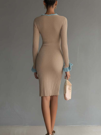 Oatmeal Knit Bodycon Dress With Teal Ruffle Trim