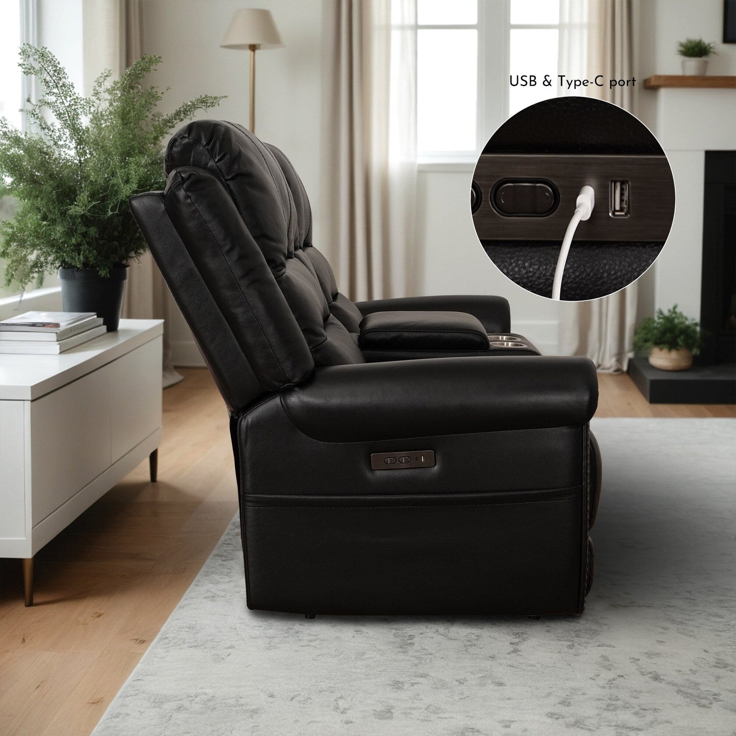 Genuine Leather Black Power Recliner Sofa, Loveseat, Recliner With Adjustable Headrest and Extendable Footrest