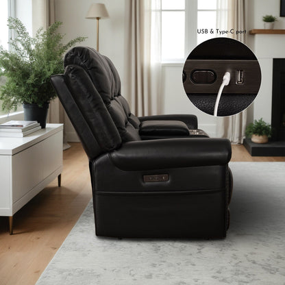 Genuine Leather Black Power Recliner Sofa, Loveseat, Recliner With Adjustable Headrest and Extendable Footrest