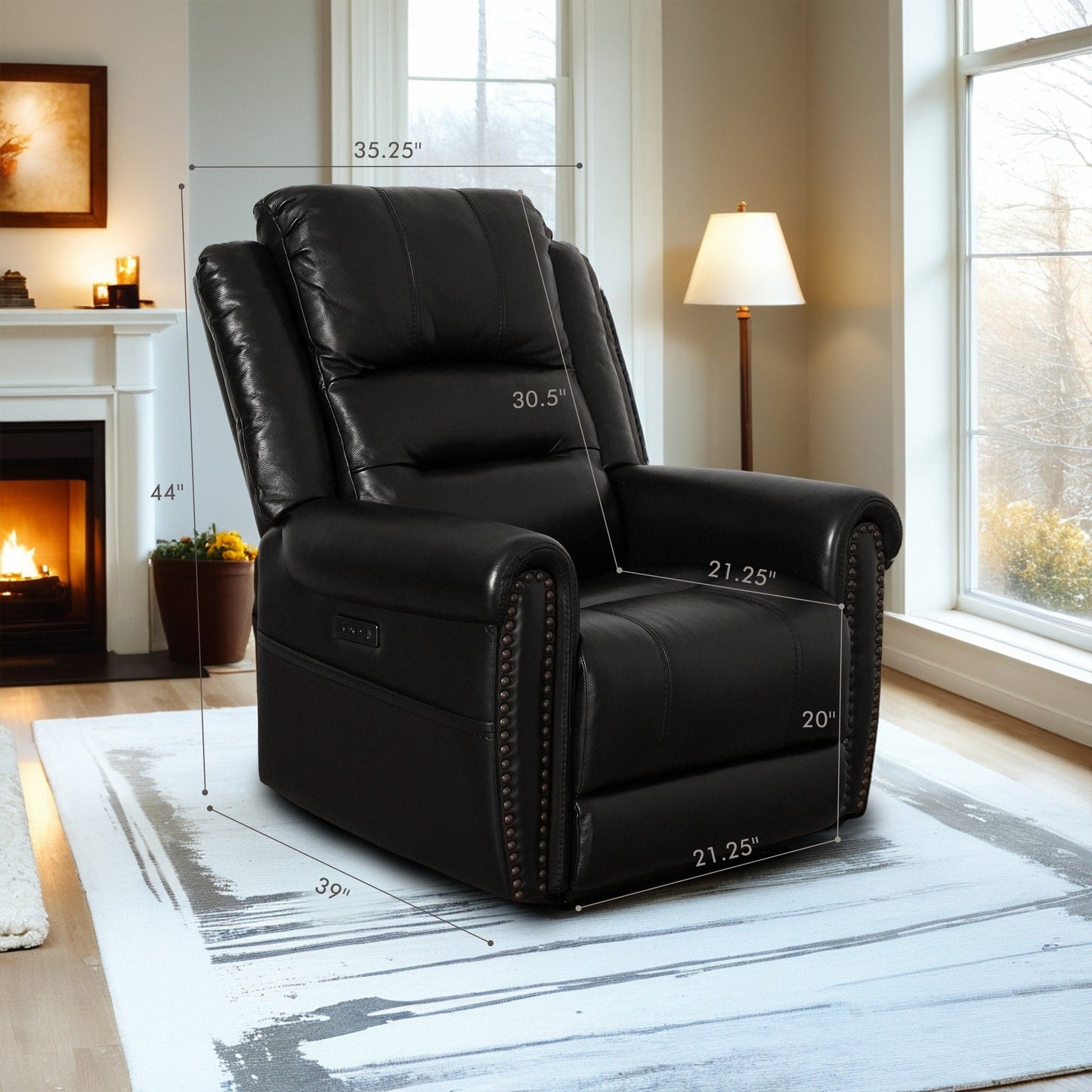 Genuine Leather Black Power Recliner Sofa, Loveseat, Recliner With Adjustable Headrest and Extendable Footrest