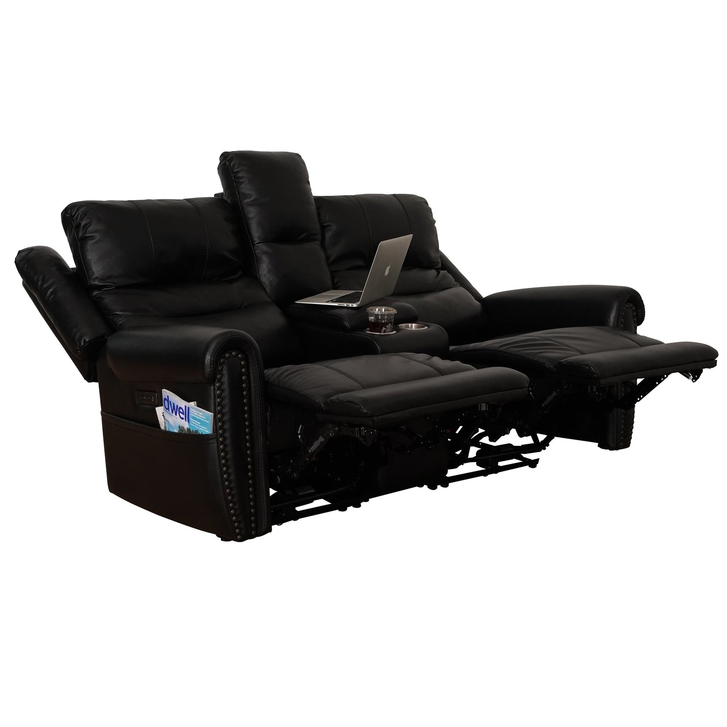 Genuine Leather Black Power Recliner Sofa, Loveseat, Recliner With Adjustable Headrest and Extendable Footrest