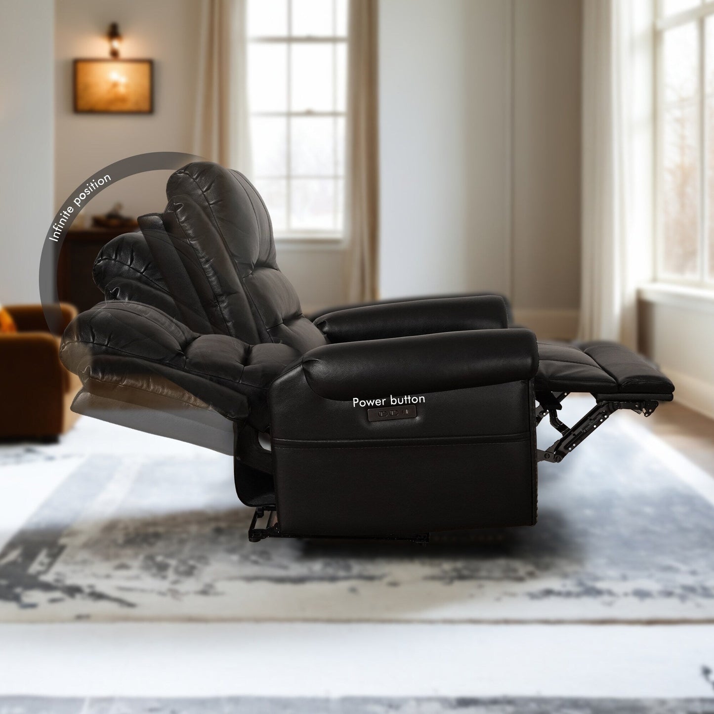 Genuine Leather Black Power Recliner Sofa, Loveseat, Recliner With Adjustable Headrest and Extendable Footrest