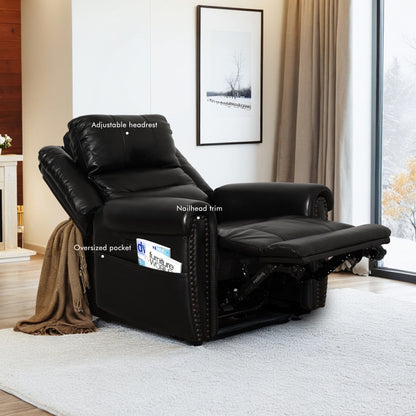 Genuine Leather Black Power Recliner Sofa, Loveseat, Recliner With Adjustable Headrest and Extendable Footrest