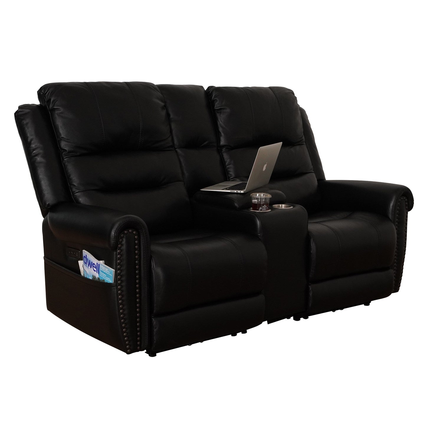 Genuine Leather Black Power Recliner Sofa, Loveseat, Recliner With Adjustable Headrest and Extendable Footrest