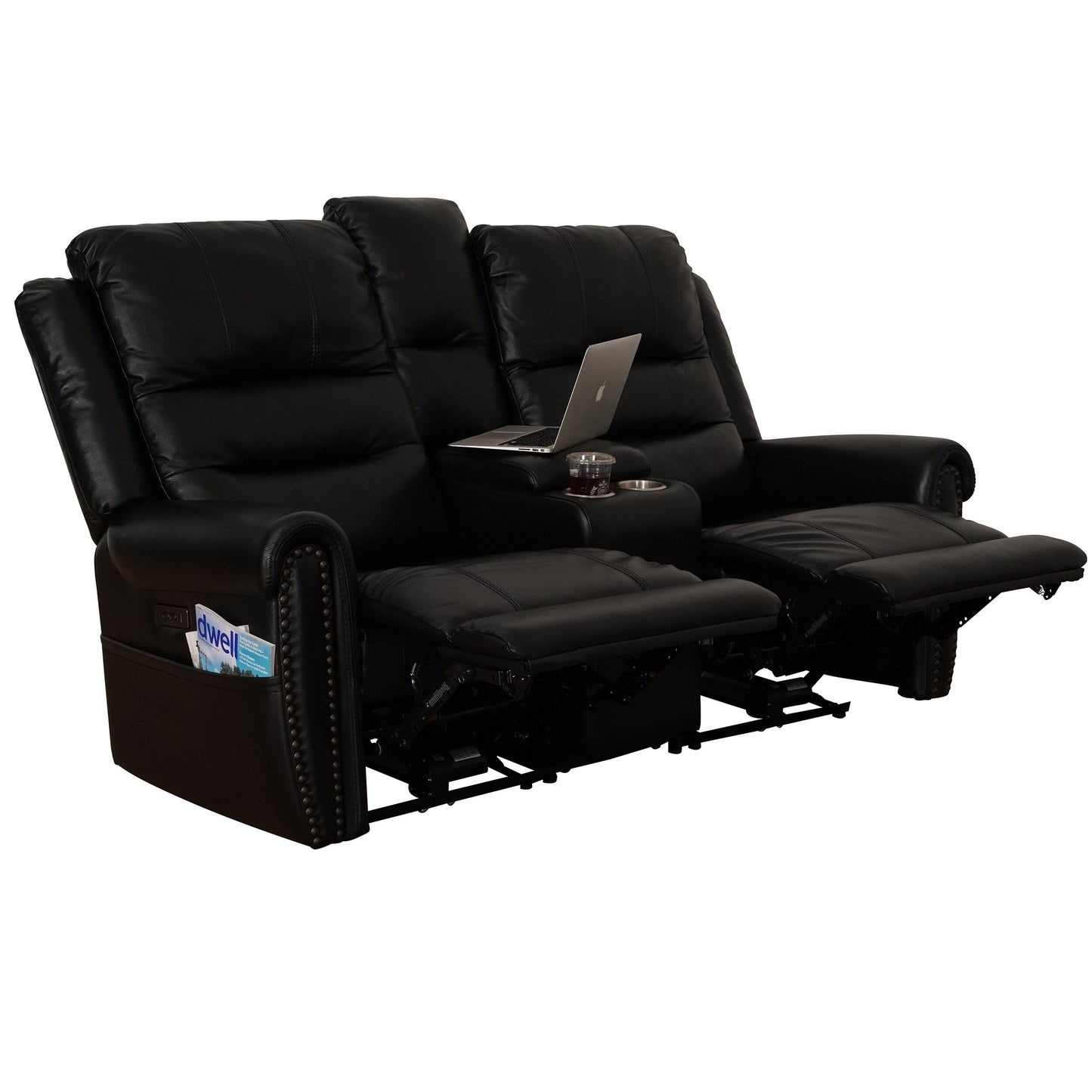 Genuine Leather Black Power Recliner Sofa, Loveseat, Recliner With Adjustable Headrest and Extendable Footrest
