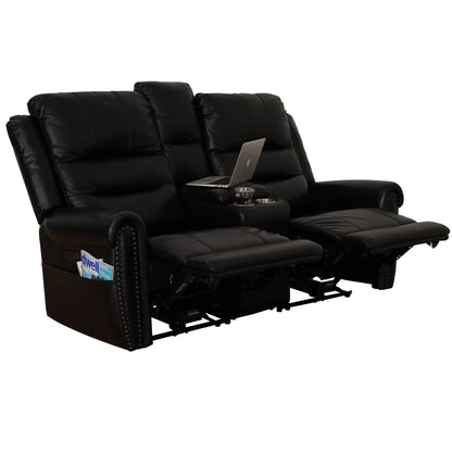 Genuine Leather Black Power Recliner Sofa, Loveseat, Recliner With Adjustable Headrest and Extendable Footrest