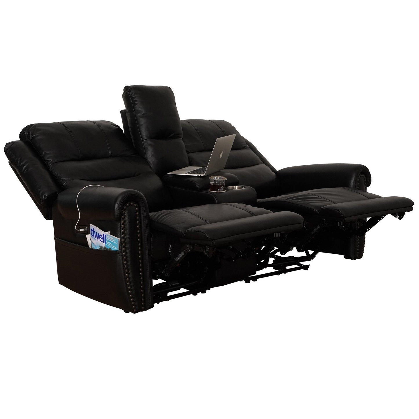 Genuine Leather Black Power Recliner Sofa, Loveseat, Recliner With Adjustable Headrest and Extendable Footrest