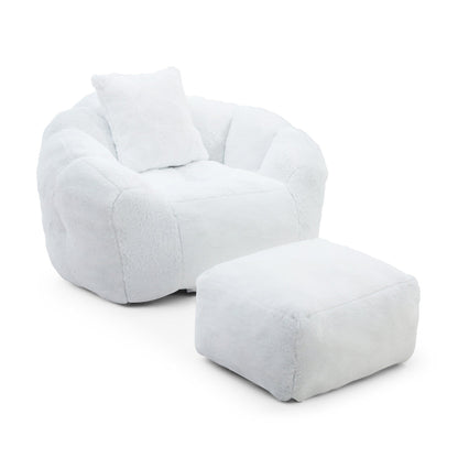 Giant Bean Bag Chair Withfootstool, Oversized Bean Bag For Adults And Kids, Faux Fur Shell-Shaped Large Chair With Filler