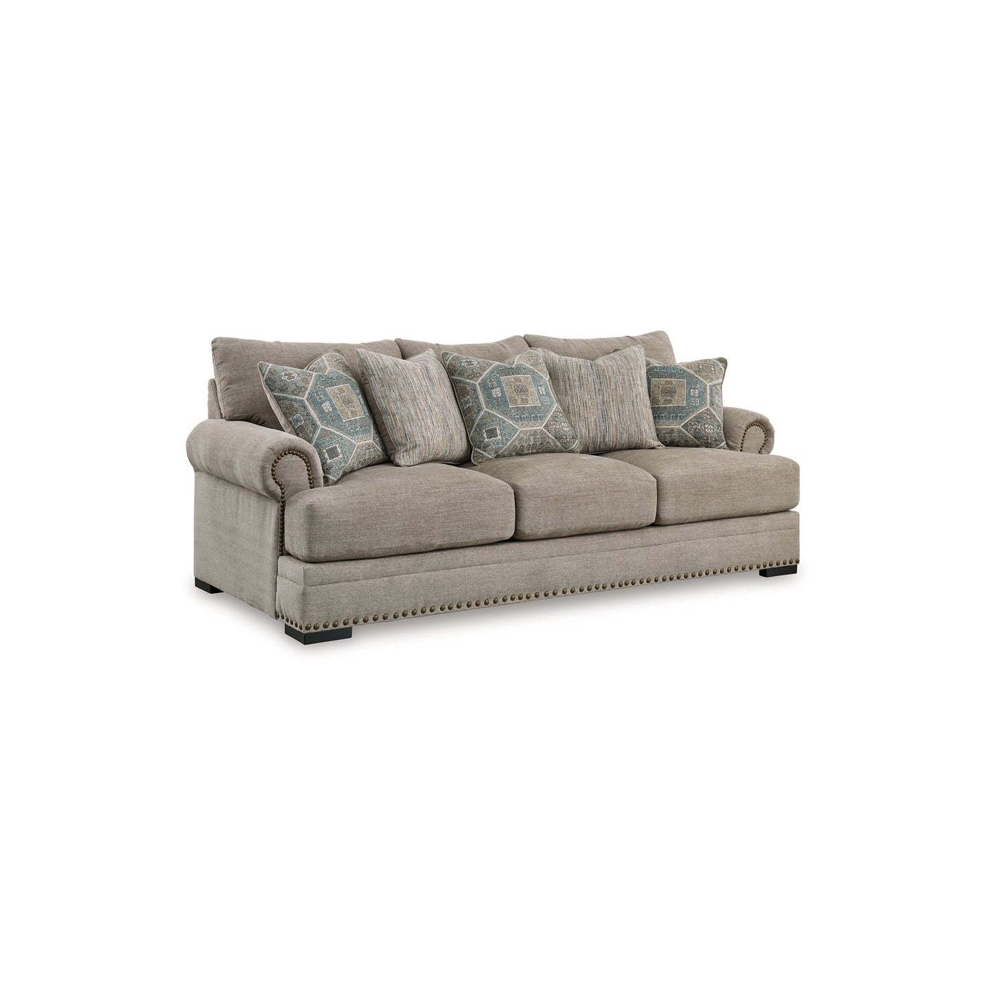 Golo Sofa, 5 Accent Pillows, 97 Inch Taupe Gray Fabric, Nailhead Trim