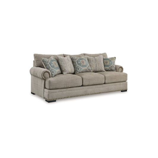 Golo Sofa, 5 Accent Pillows, 97 Inch Taupe Gray Fabric, Nailhead Trim