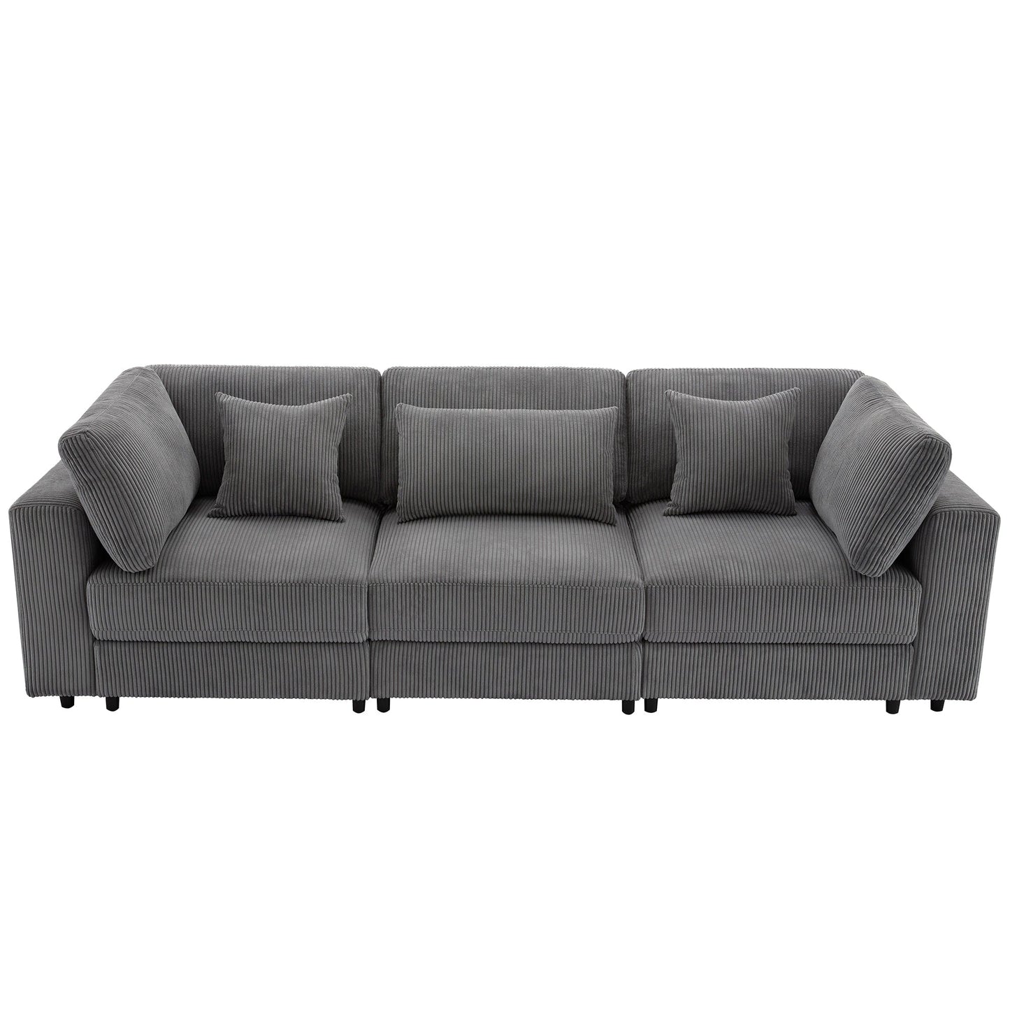 Gray 105 Corduroy Upholstered 3-seater Sofa with Removable Back Cushions and 5 Pillows for Living Room