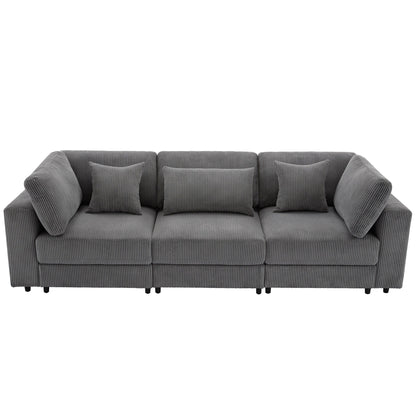 Gray 105 Corduroy Upholstered 3-seater Sofa with Removable Back Cushions and 5 Pillows for Living Room