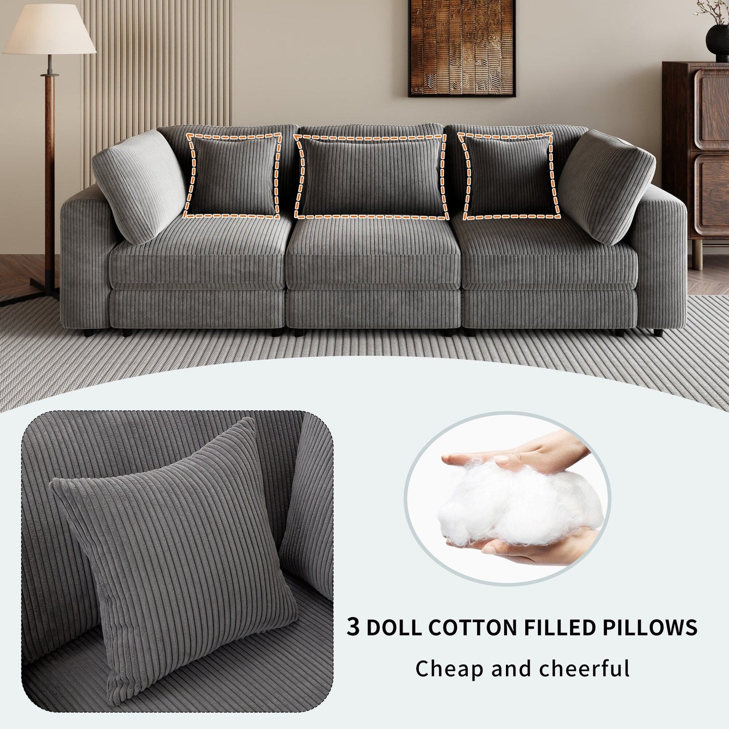 Gray 105 Corduroy Upholstered 3-seater Sofa with Removable Back Cushions and 5 Pillows for Living Room