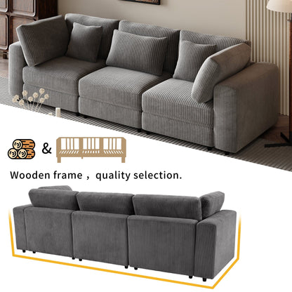 Gray 105 Corduroy Upholstered 3-seater Sofa with Removable Back Cushions and 5 Pillows for Living Room
