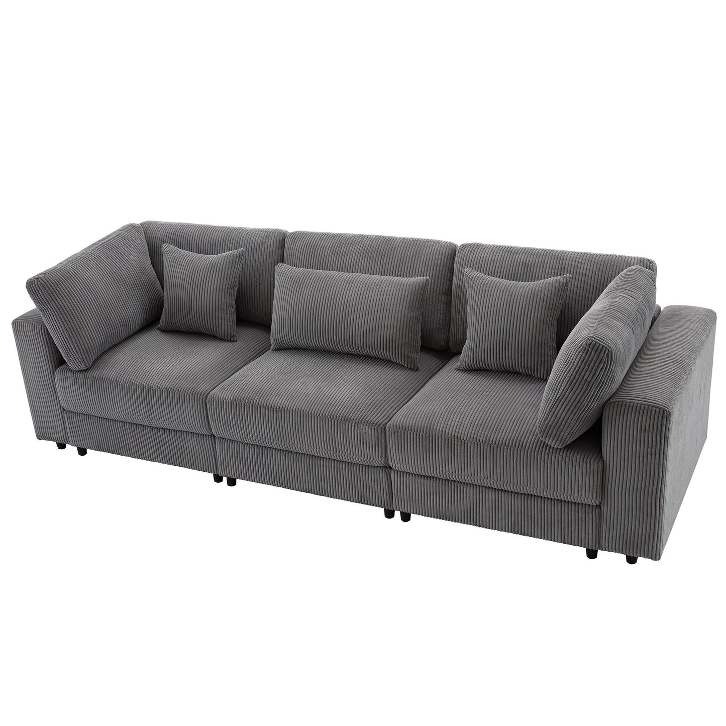 Gray 105 Corduroy Upholstered 3-seater Sofa with Removable Back Cushions and 5 Pillows for Living Room