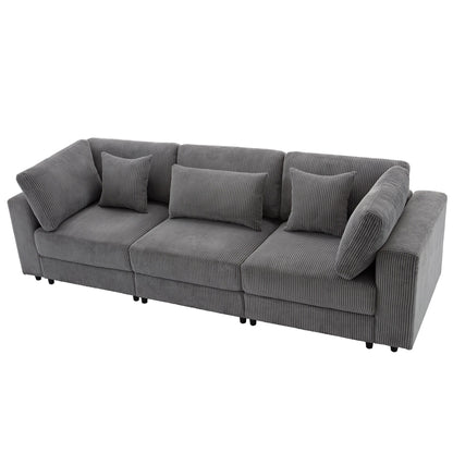 Gray 105 Corduroy Upholstered 3-seater Sofa with Removable Back Cushions and 5 Pillows for Living Room