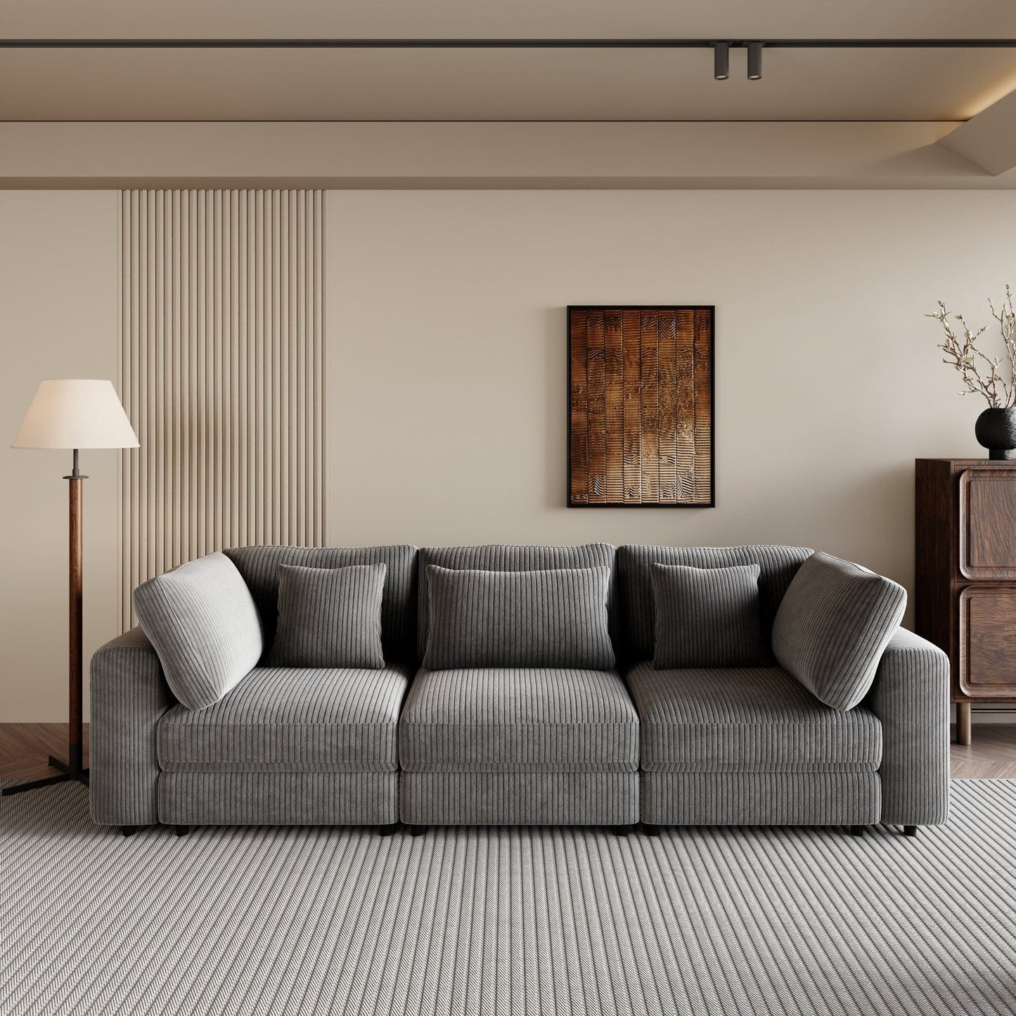 Gray 105 Corduroy Upholstered 3-seater Sofa with Removable Back Cushions and 5 Pillows for Living Room