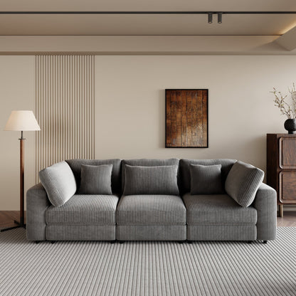 Gray 105 Corduroy Upholstered 3-seater Sofa with Removable Back Cushions and 5 Pillows for Living Room