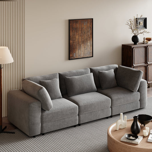 Gray 105 Corduroy Upholstered 3-seater Sofa with Removable Back Cushions and 5 Pillows for Living Room