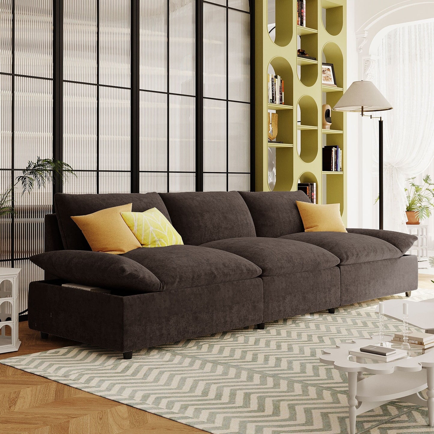 Gray 119.5 Large Polyester 3-seater Sofa with 2 Storage Units and Rubber Wood Legs for Living Room