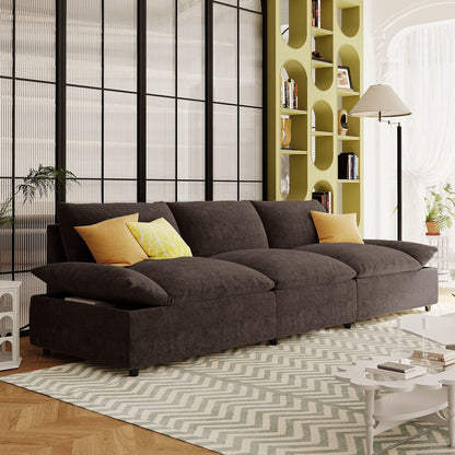 Gray 119.5 Large Polyester 3-seater Sofa with 2 Storage Units and Rubber Wood Legs for Living Room