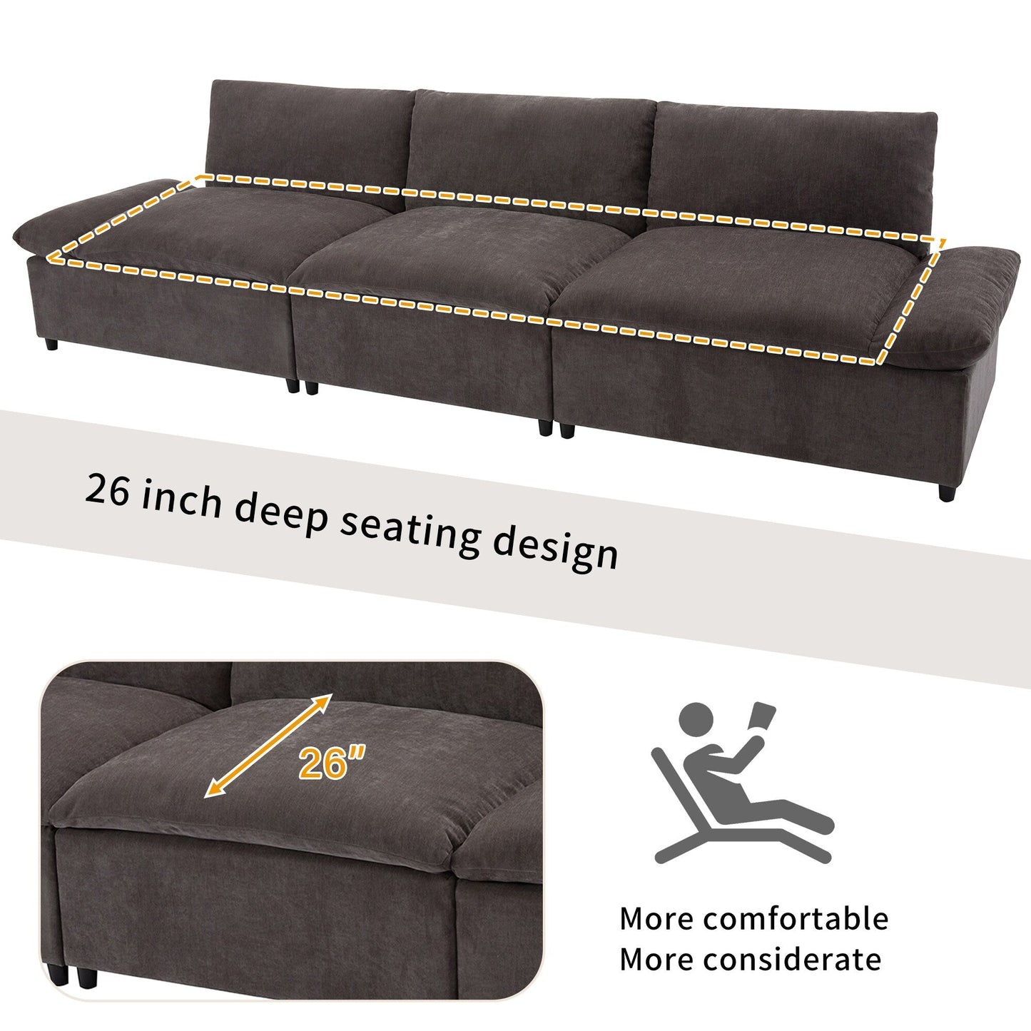 Gray 119.5 Large Polyester 3-seater Sofa with 2 Storage Units and Rubber Wood Legs for Living Room