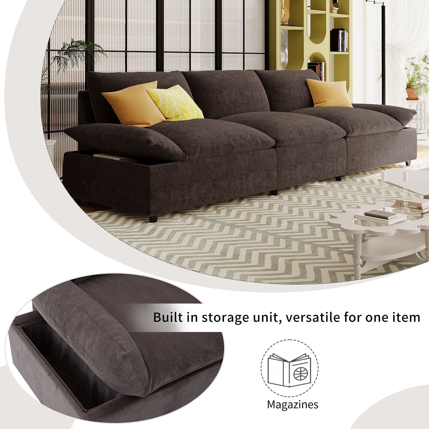 Gray 119.5 Large Polyester 3-seater Sofa with 2 Storage Units and Rubber Wood Legs for Living Room