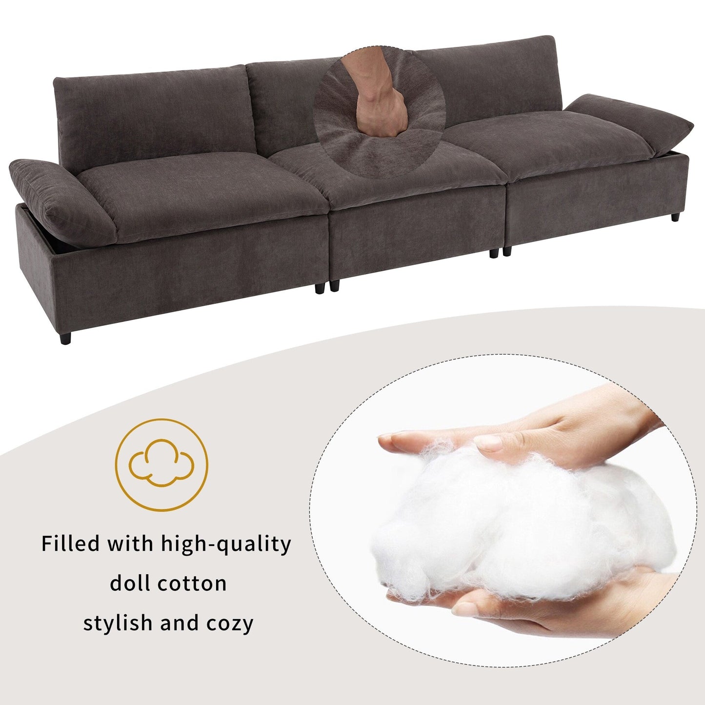 Gray 119.5 Large Polyester 3-seater Sofa with 2 Storage Units and Rubber Wood Legs for Living Room