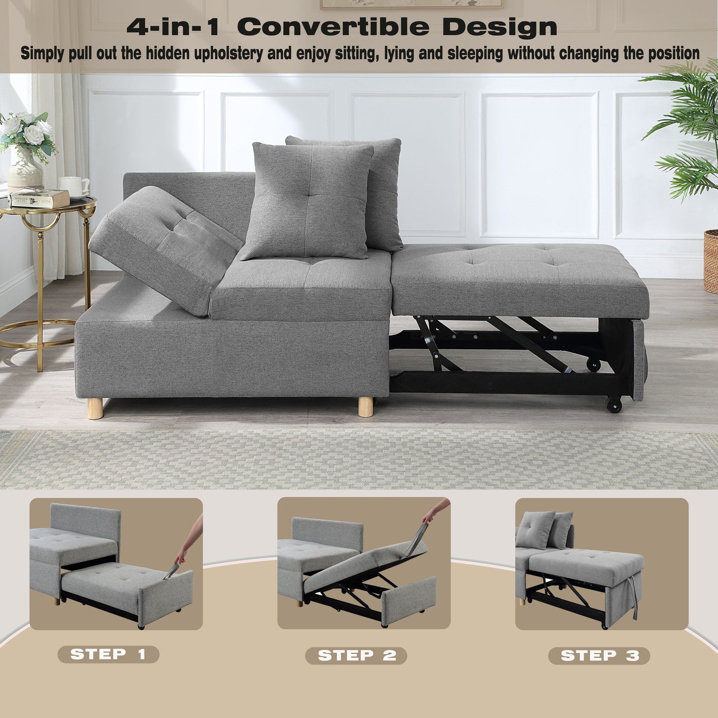 Gray 27.13 4-in-1 Single Convertible Single Sofa Bed with 6 Position Adjustable Back and 2 Pillows for Living Room